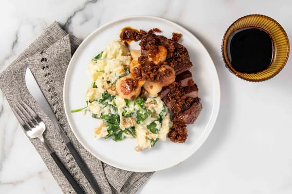 Sirloin Steak and Scallop Surf and Turf with Sherry Bacon Demi Recipe ...