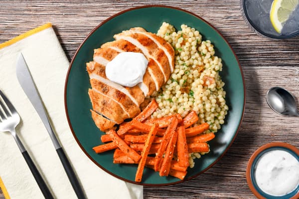 Moroccan-Style Chicken and Couscous
with roasted za’atar carrots