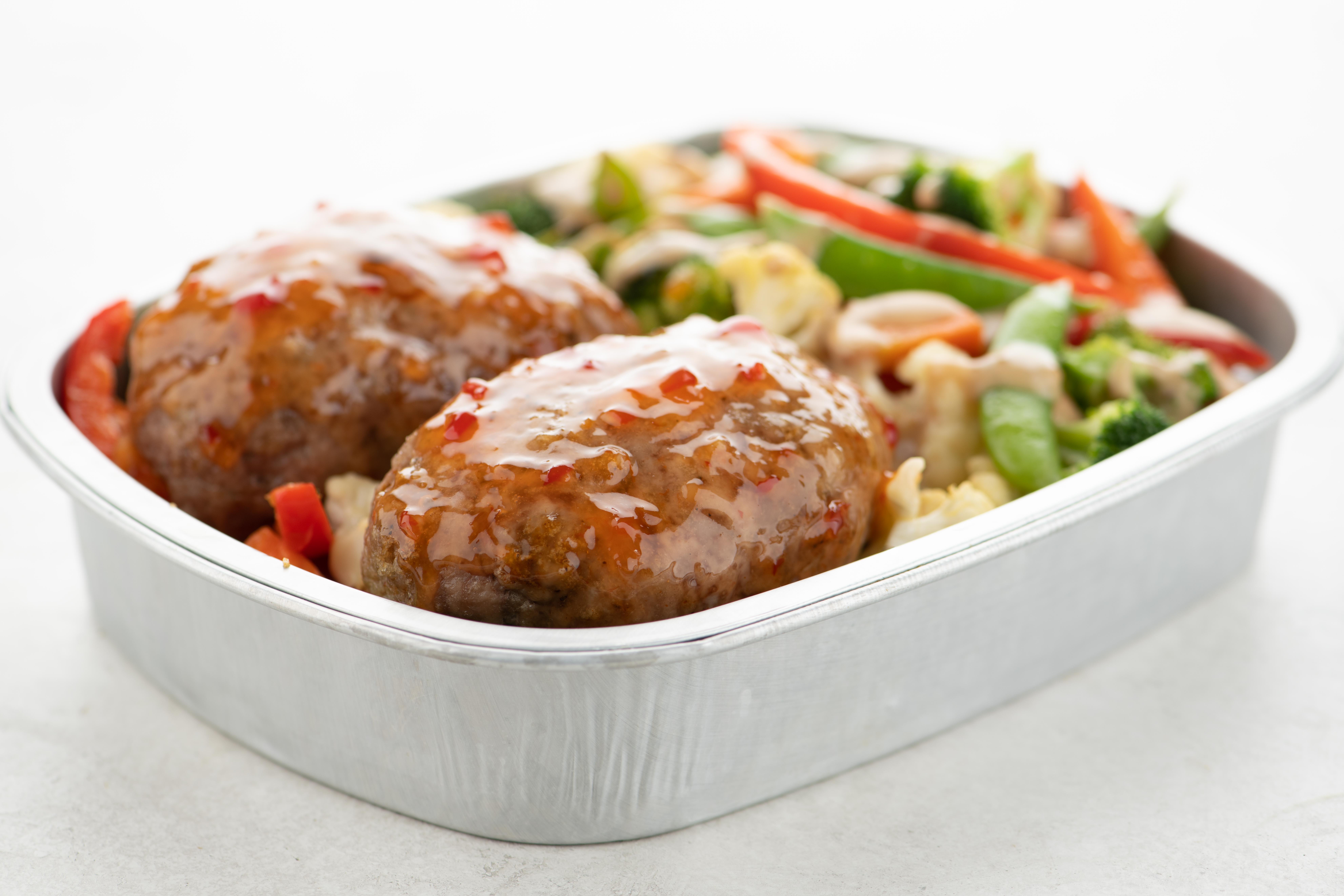 Sweet ChiliGlazed Pork Meatloaves with Roasted Sesame Vegetable Medley