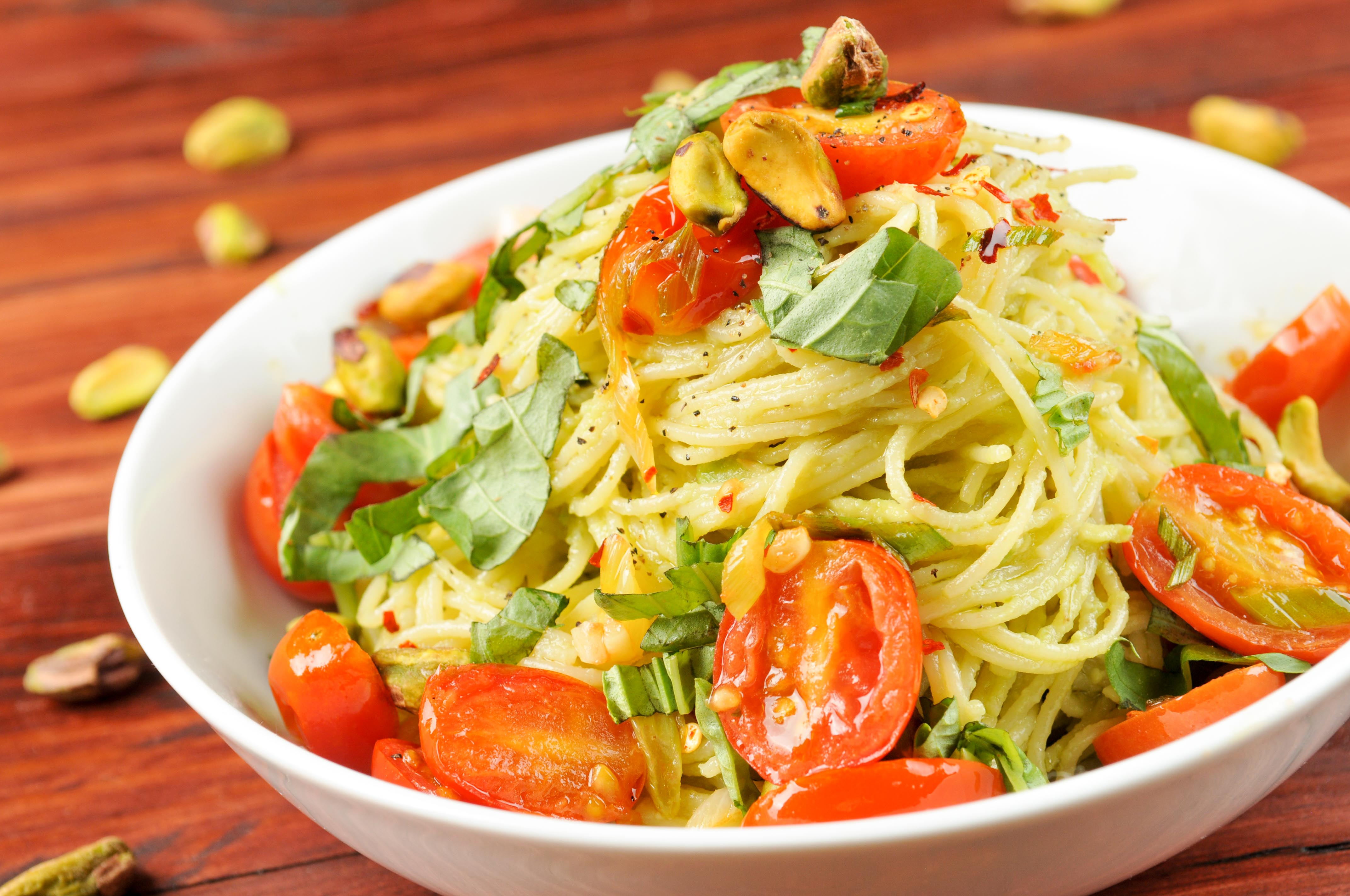 Creamy Avocado Pasta With Roasted Pistachios and Basil