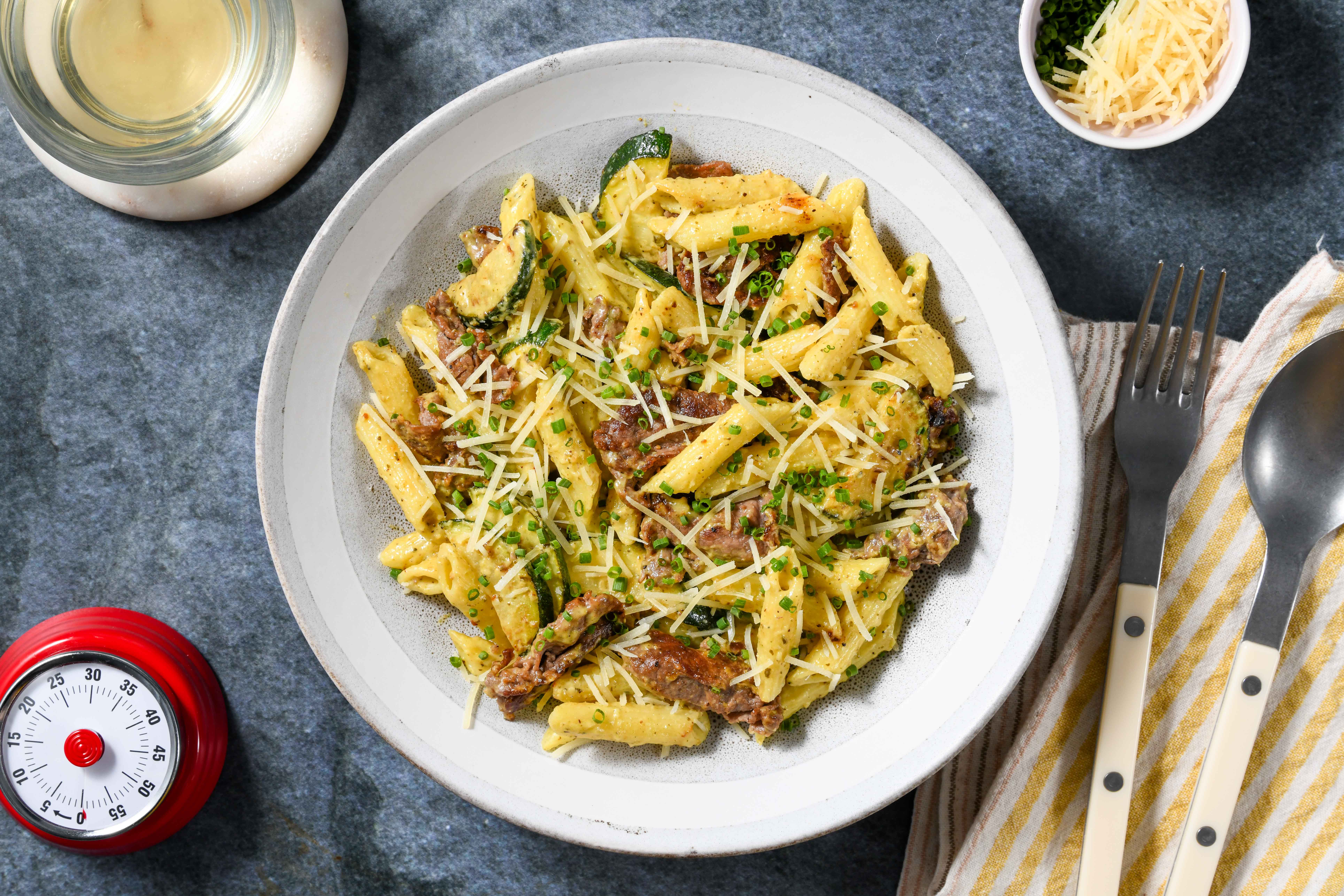 Pesto Cream Beef Penne
