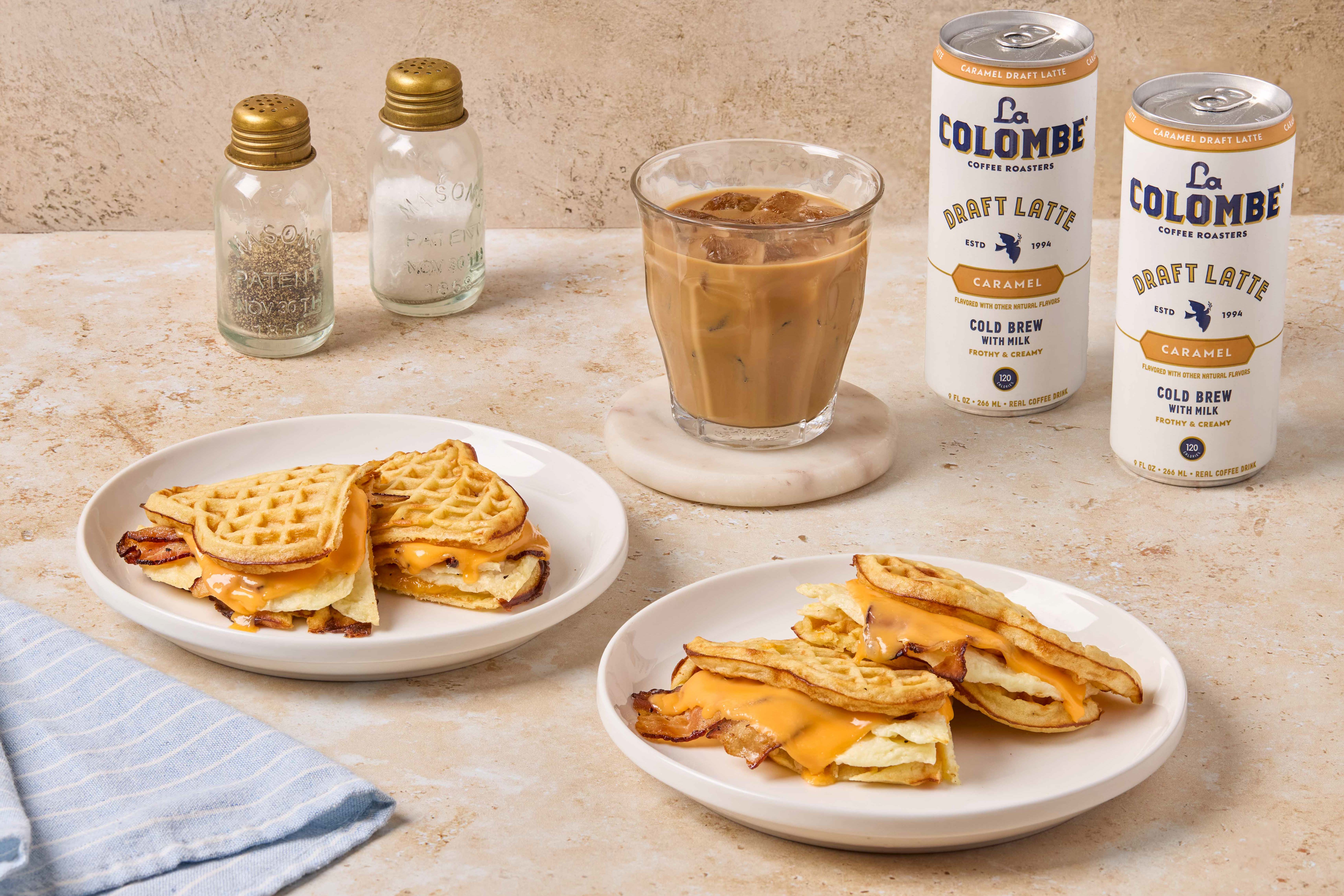 Egg, Cheese & Bacon Waffle Sandwich and Caramel Latte