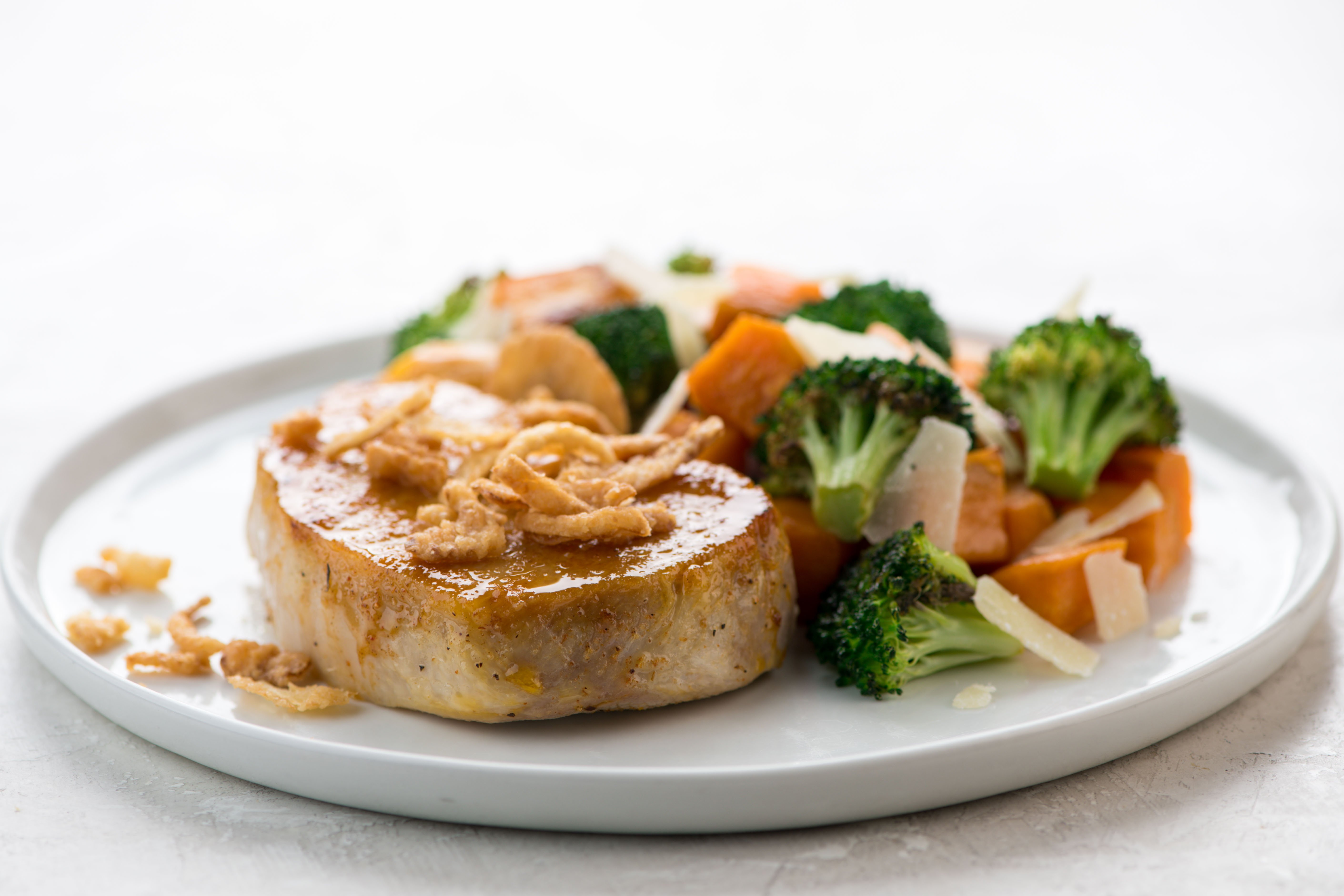 Chile Brown Sugar Pork Chop with Roasted Sweet Potatoes and Broccoli