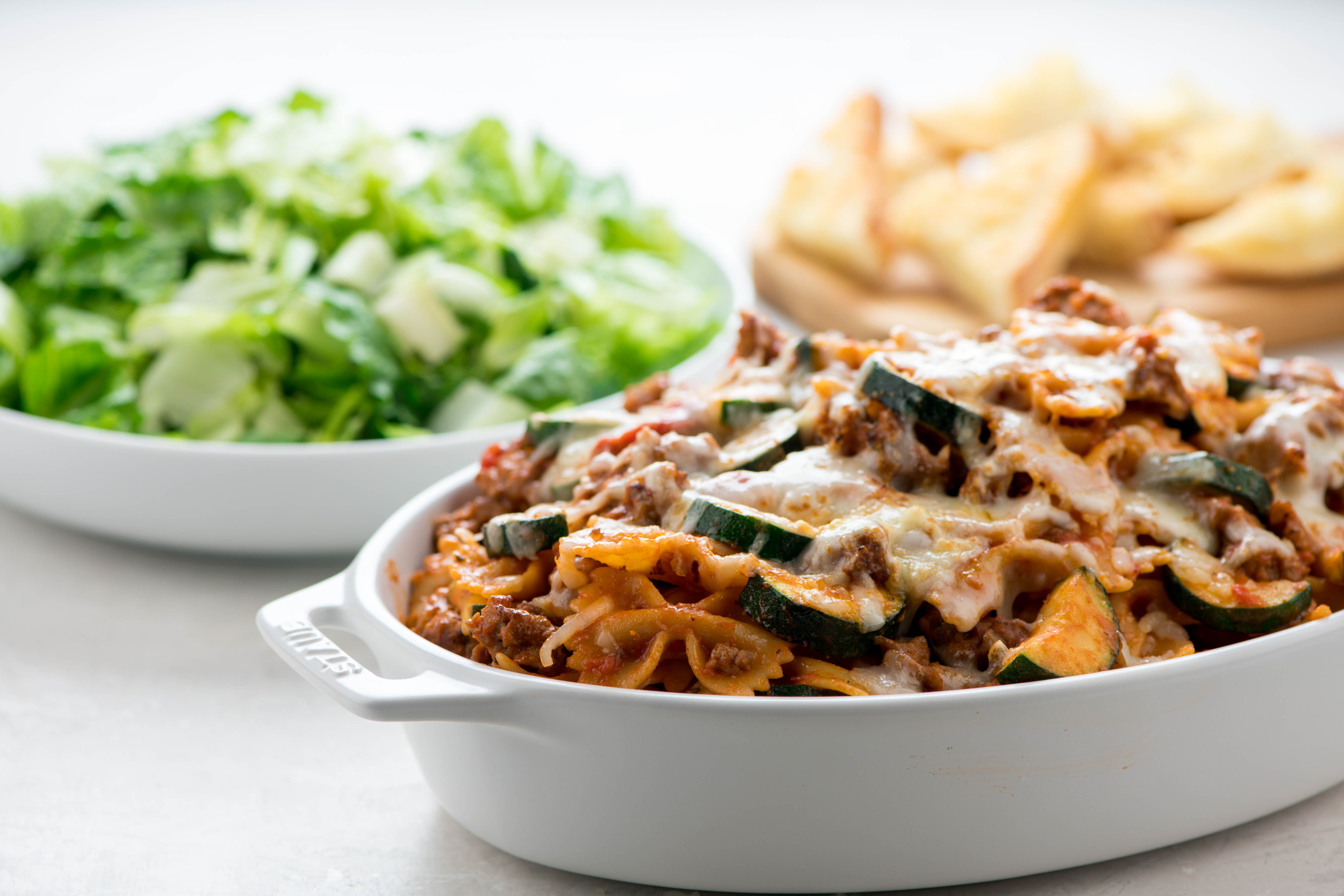 Baked Italian Sausage Farfalle with Garlic Bread and Romaine Salad Recipe Home Chef